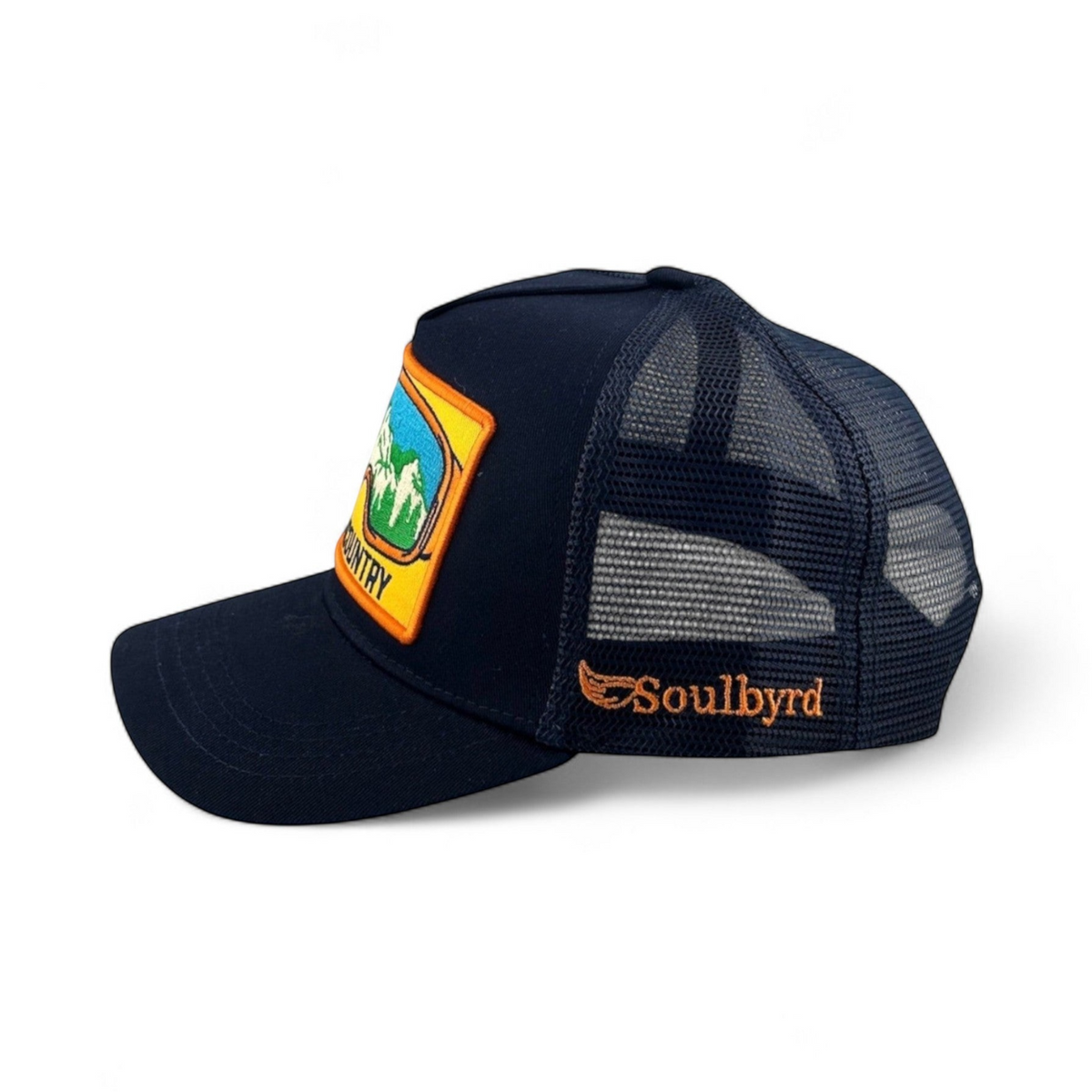 Soulbyrd Wholesale navy blue 5-panel trucker hat with cotton twill front, nylon mesh back, and mountain patch logo.
