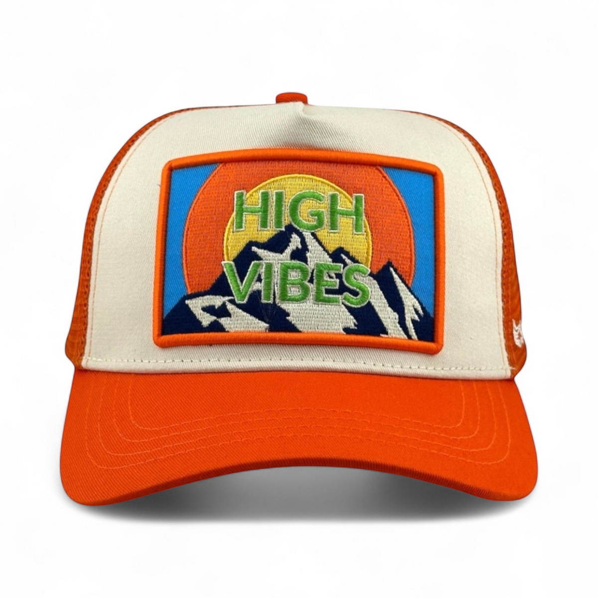 Soulbyrd Wholesale orange and cream 5-panel trucker hat with High Vibes mountain graphic patch and mesh back