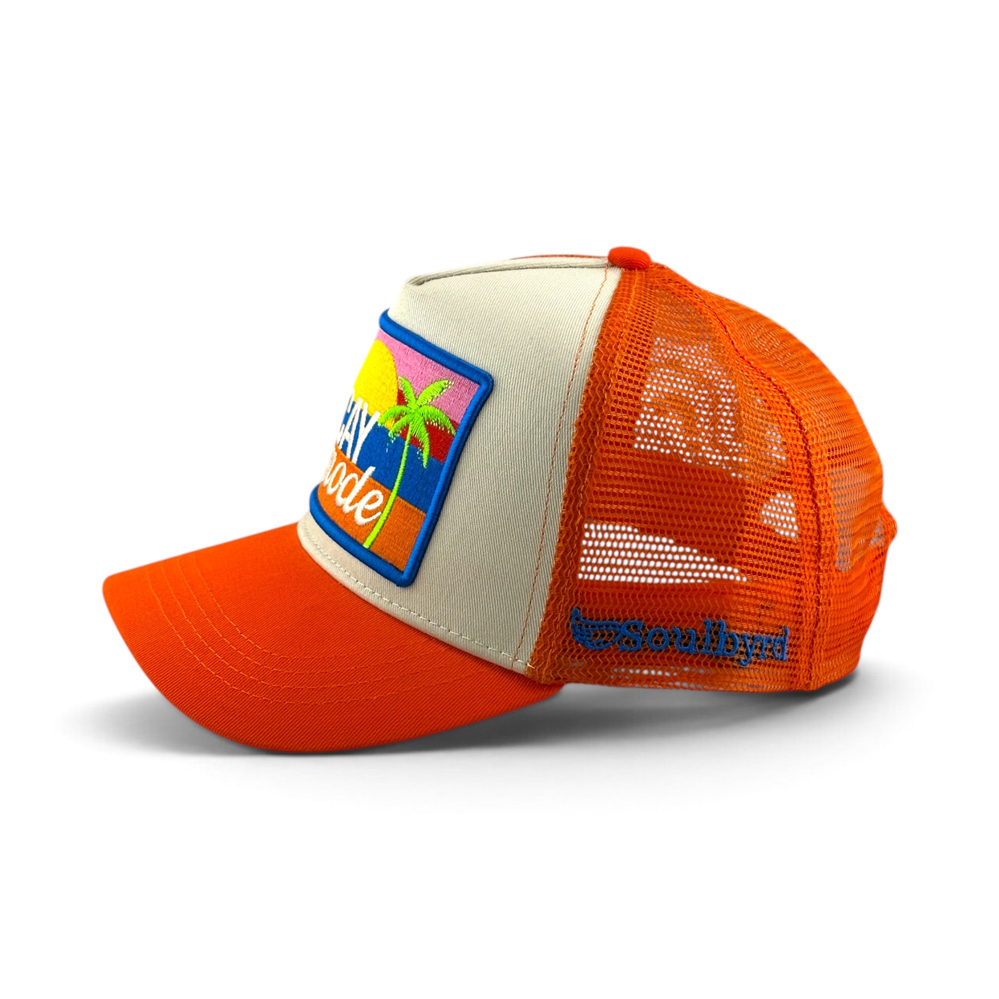 Soulbyrd Wholesale orange and cream 5-panel trucker hat with Vacay Mode palm tree patch and adjustable snapback