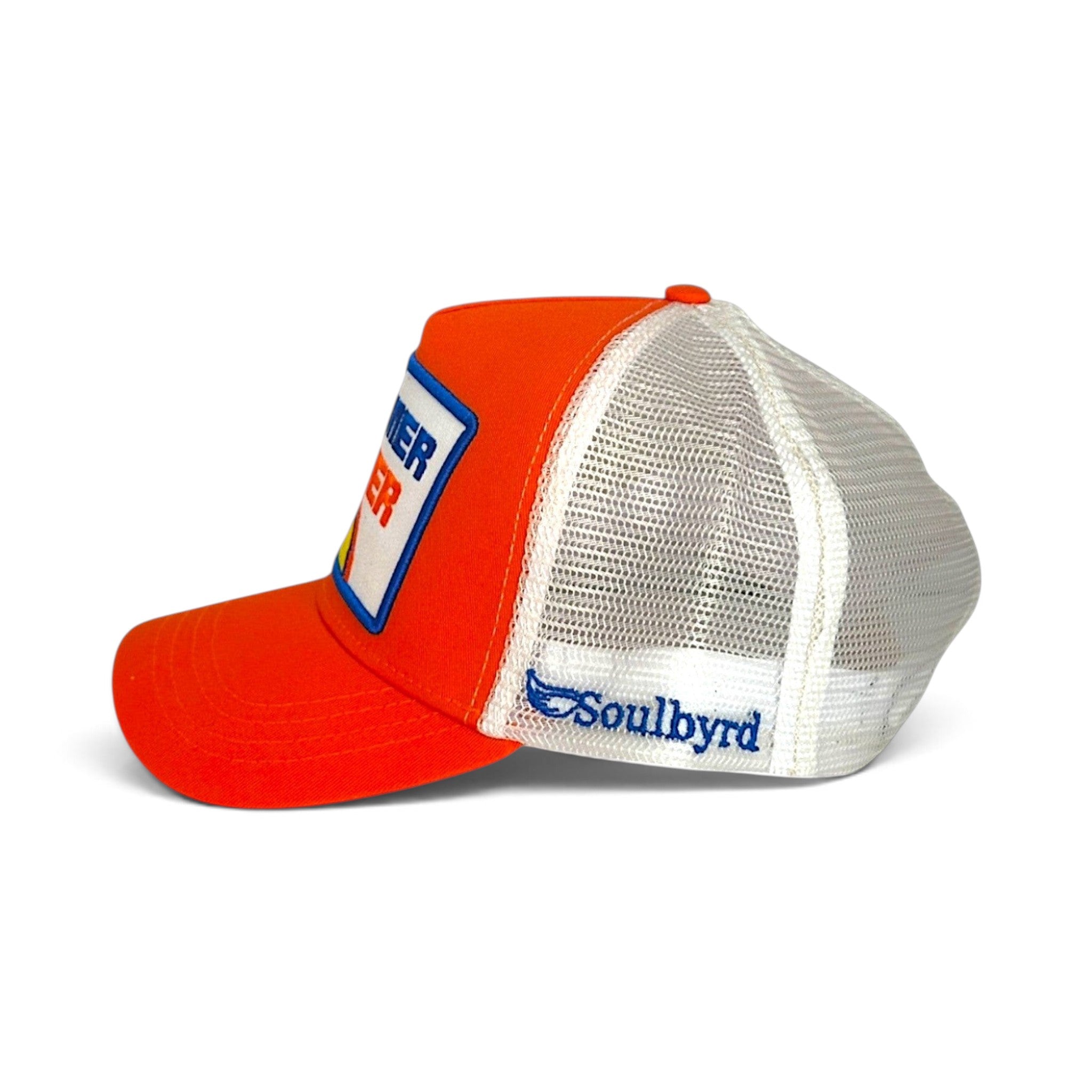 Soulbyrd Wholesale orange 5-panel trucker hat with white mesh back and Summer Fever patch, side profile view