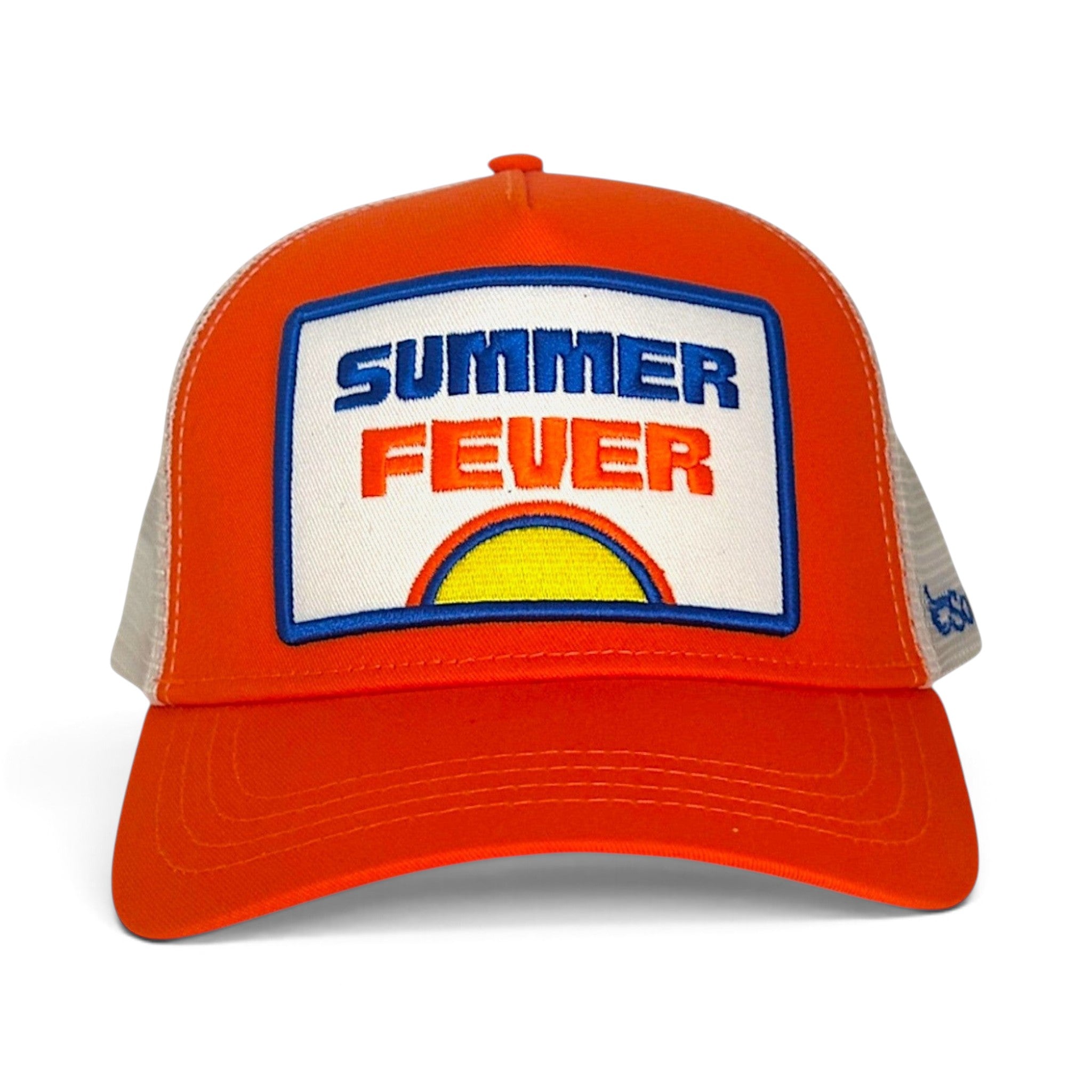 Soulbyrd Wholesale orange 5-panel trucker hat with white mesh back and Summer Fever embroidered patch