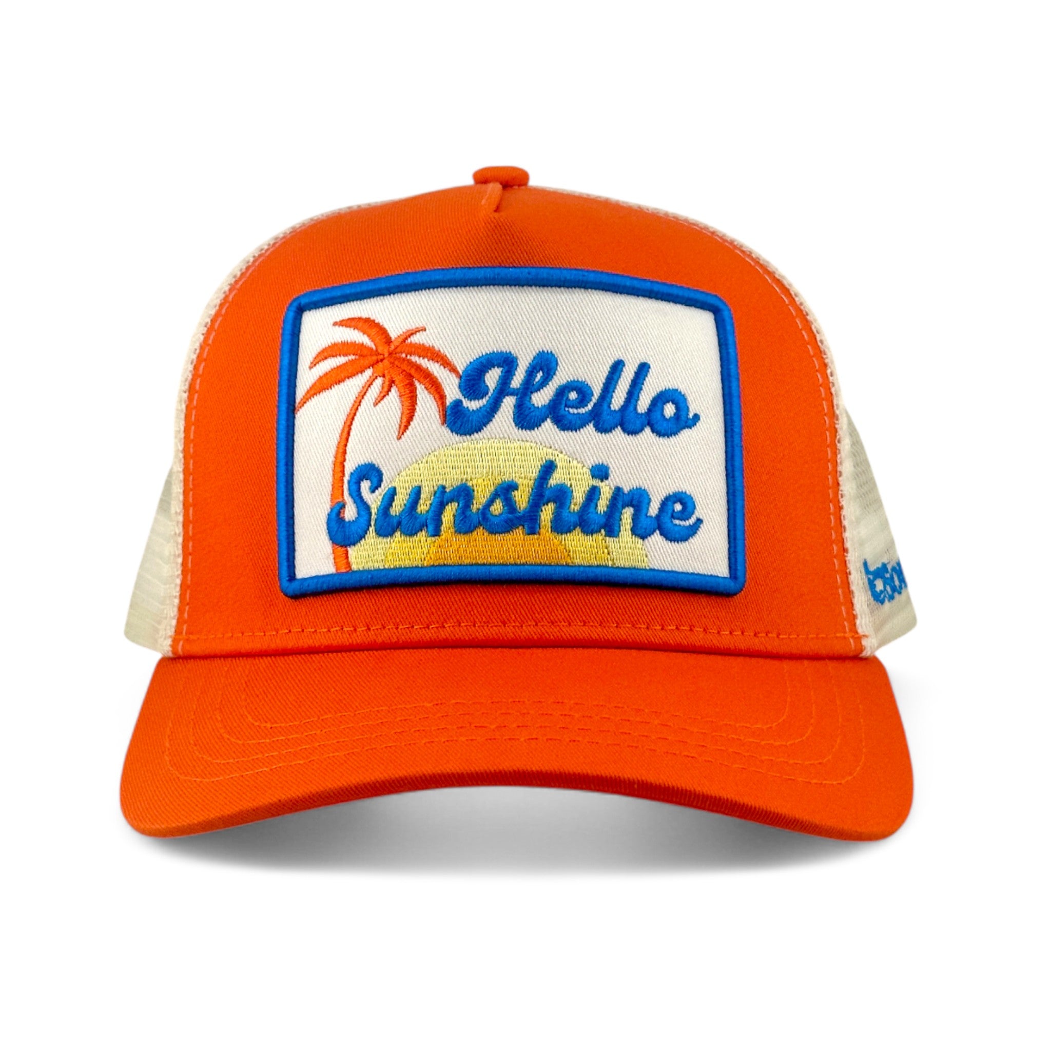 Soulbyrd Wholesale orange trucker hat with Hello Sunshine palm tree patch, cotton twill front, and nylon mesh back.
