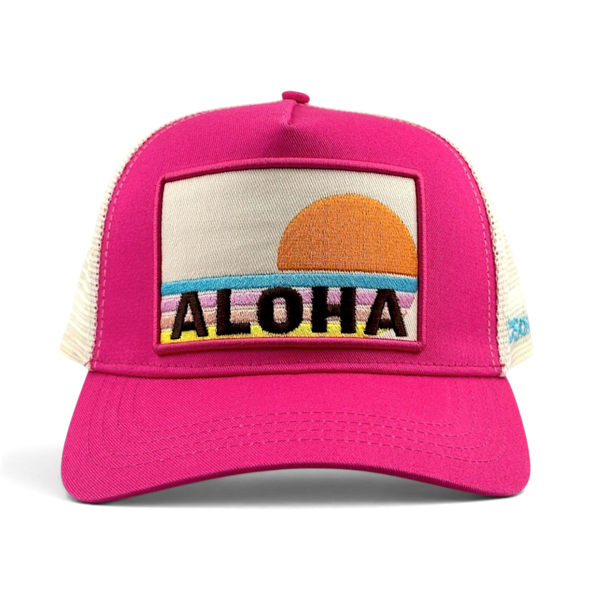 Soulbyrd Wholesale pink 5-panel trucker hat with cotton twill front, mesh back, and Aloha sunset embroidered patch
