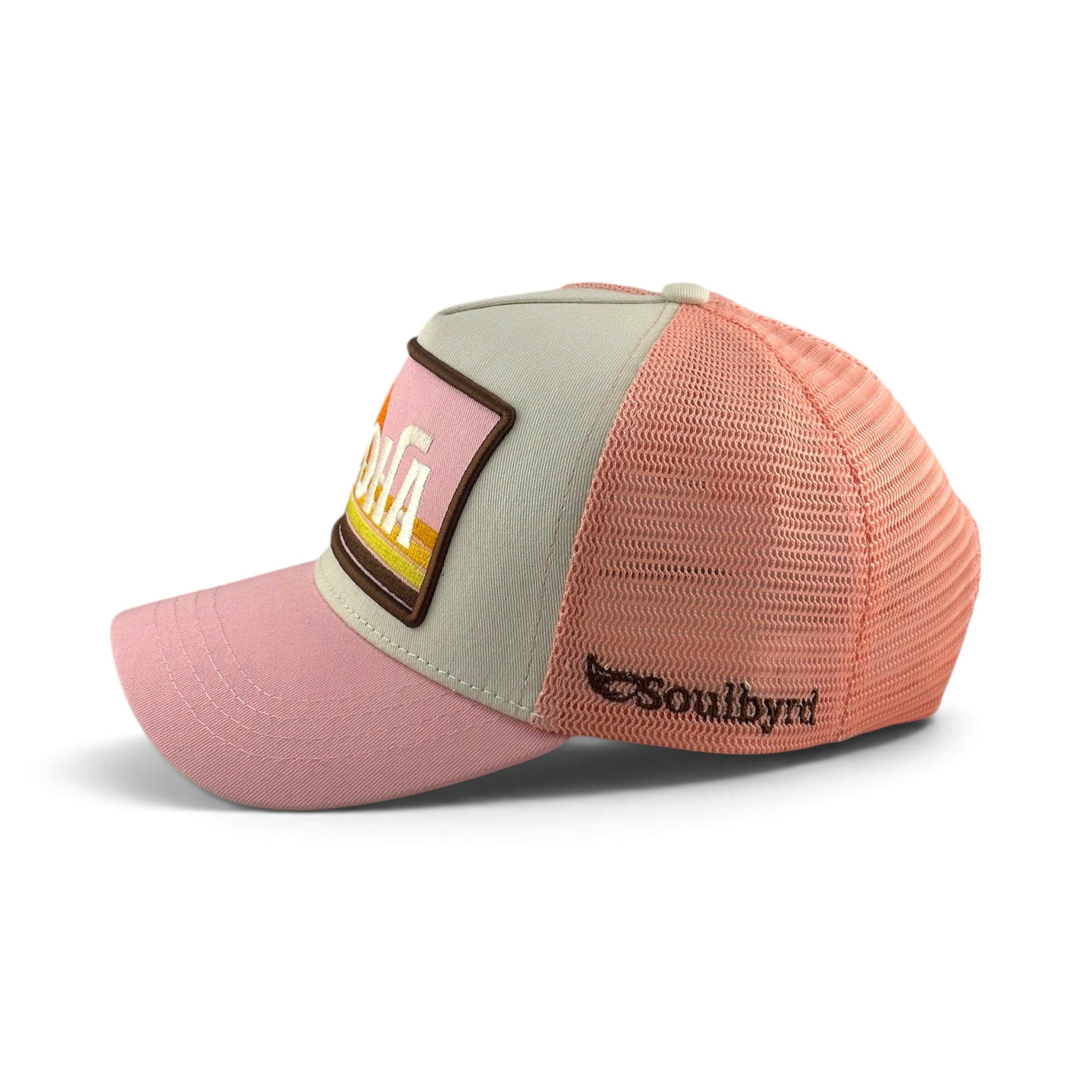 Soulbyrd Wholesale pink and cream 5-panel trucker hat with Aloha patch, cotton twill front, and nylon mesh back
