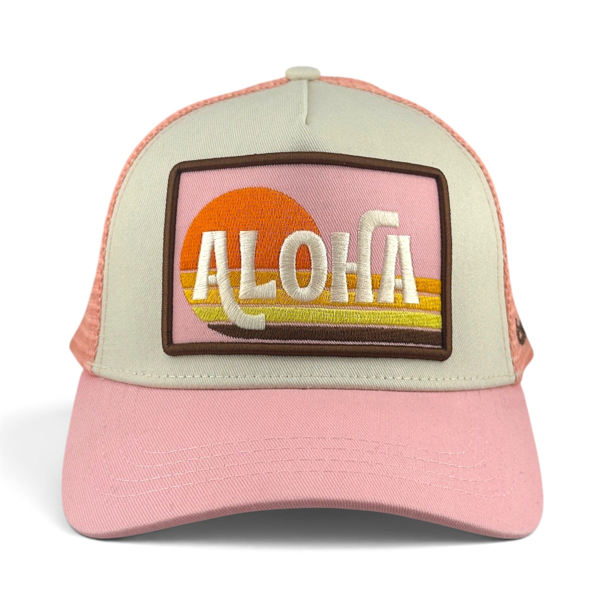 Soulbyrd Wholesale pink Aloha trucker hat with cotton twill front, nylon mesh back, and sunset graphic patch.