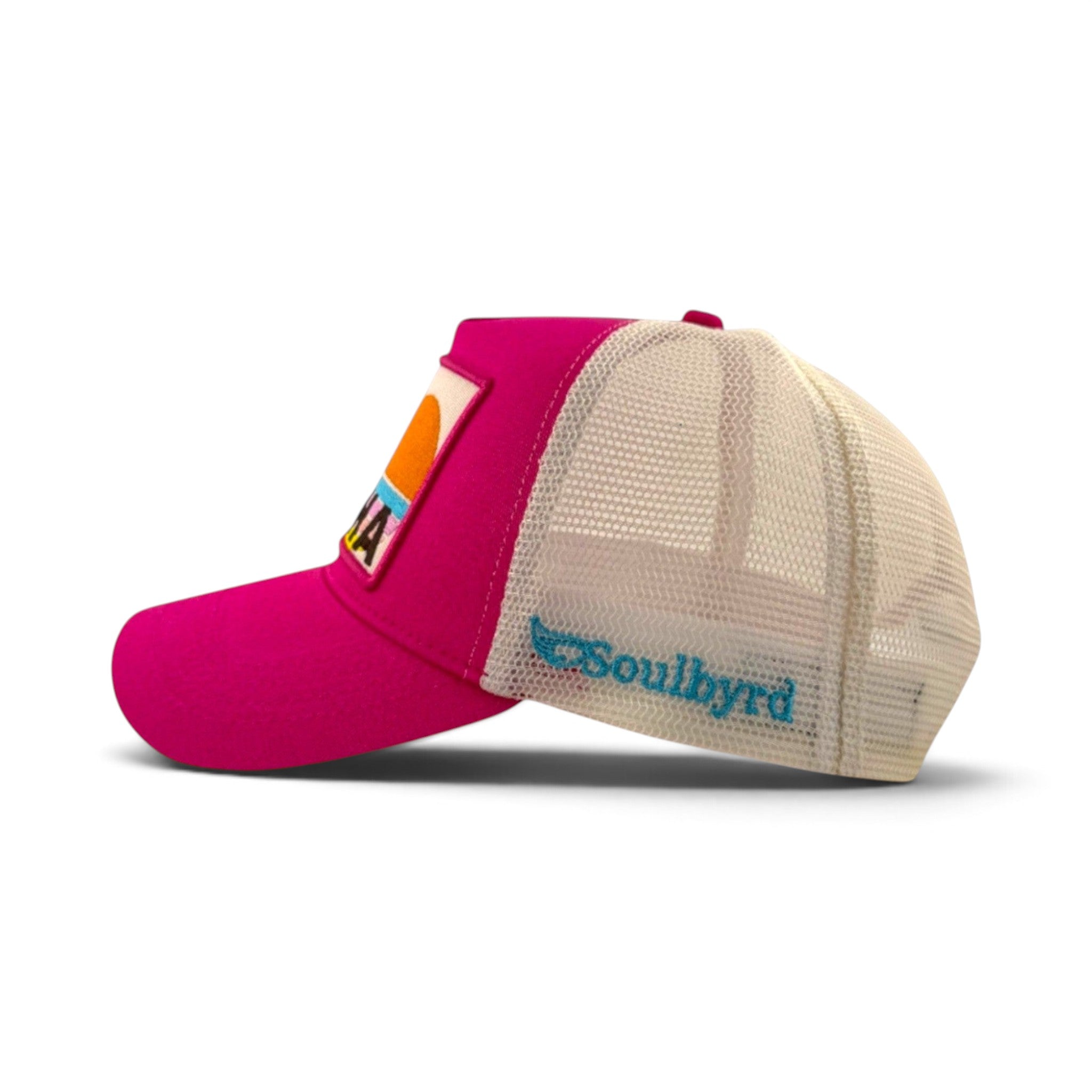 Soulbyrd Wholesale pink 5-panel trucker hat with cotton twill front, mesh back, and Aloha sunset patch side view