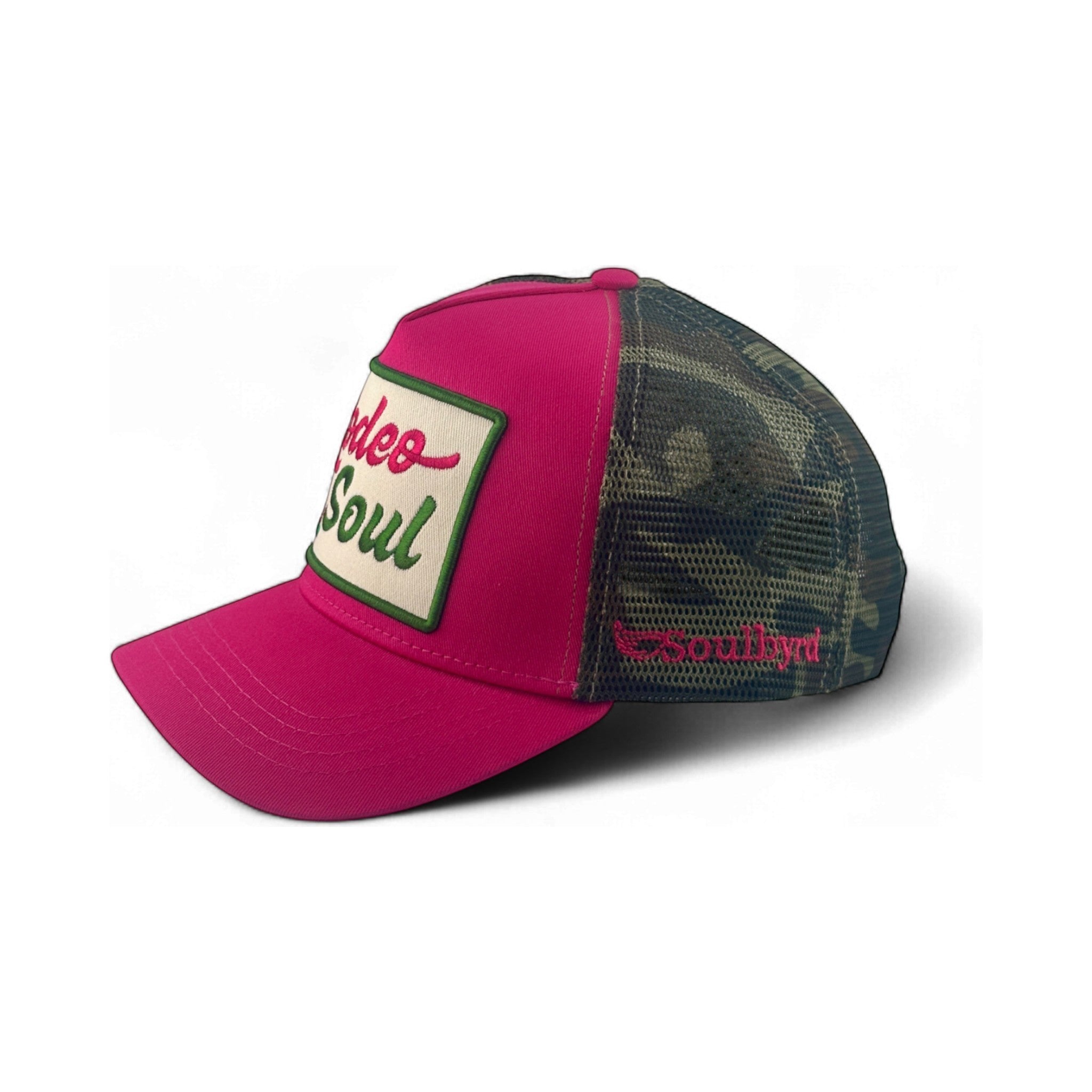 Soulbyrd Wholesale pink cotton trucker hat with camo mesh back and Rodeo Soul patch