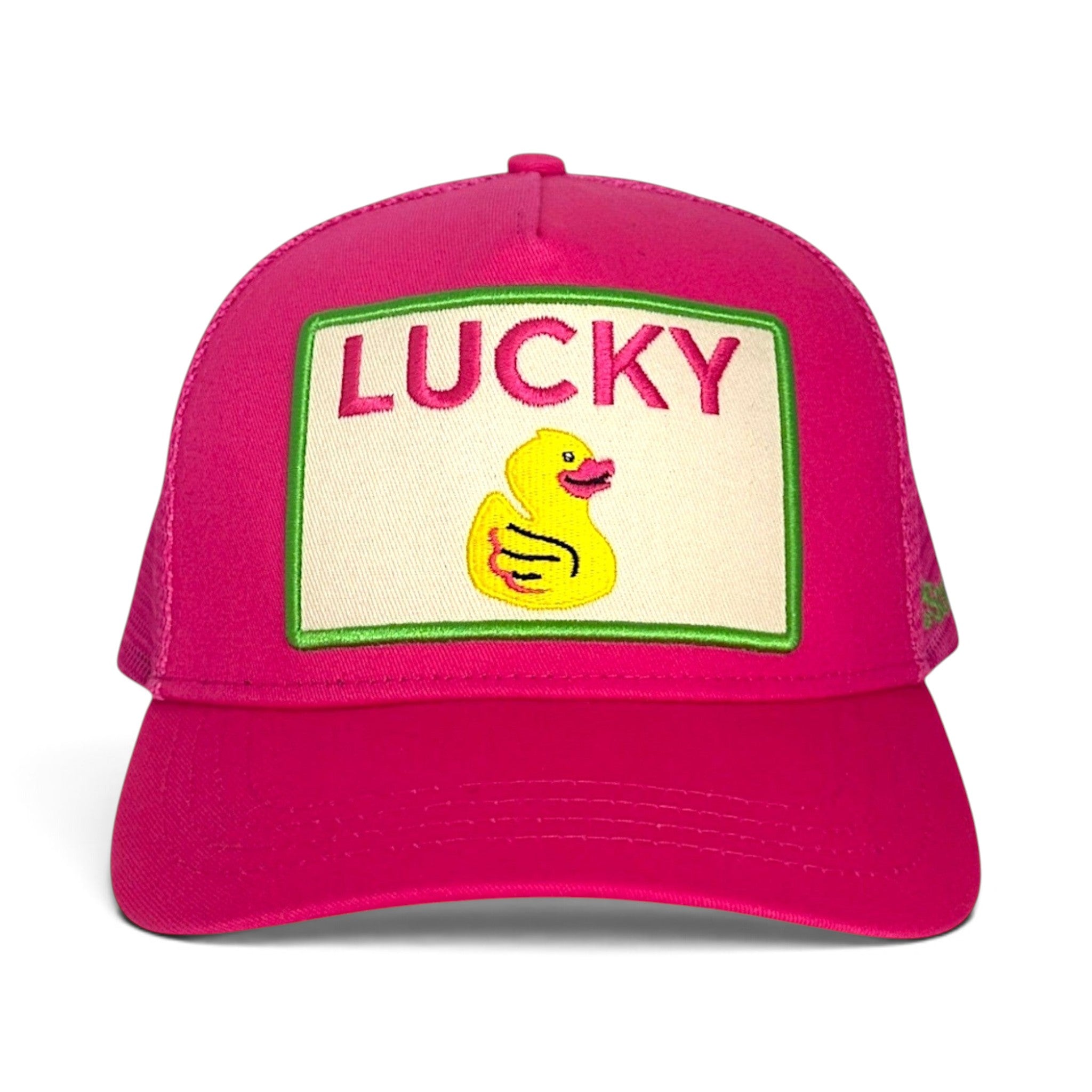 Soulbyrd Wholesale pink 5-panel trucker hat with a Lucky Duck patch on the cotton twill front and nylon mesh back.