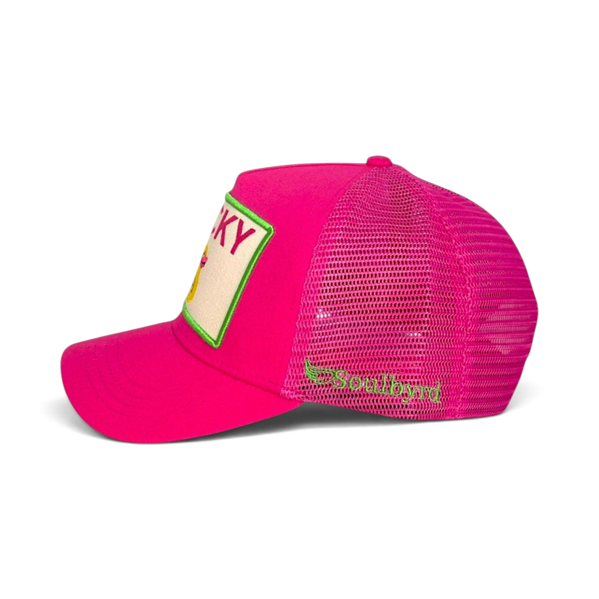 Soulbyrd Wholesale pink 5-panel trucker hat with cotton twill front, nylon mesh back, and Lucky Duck patch side view.