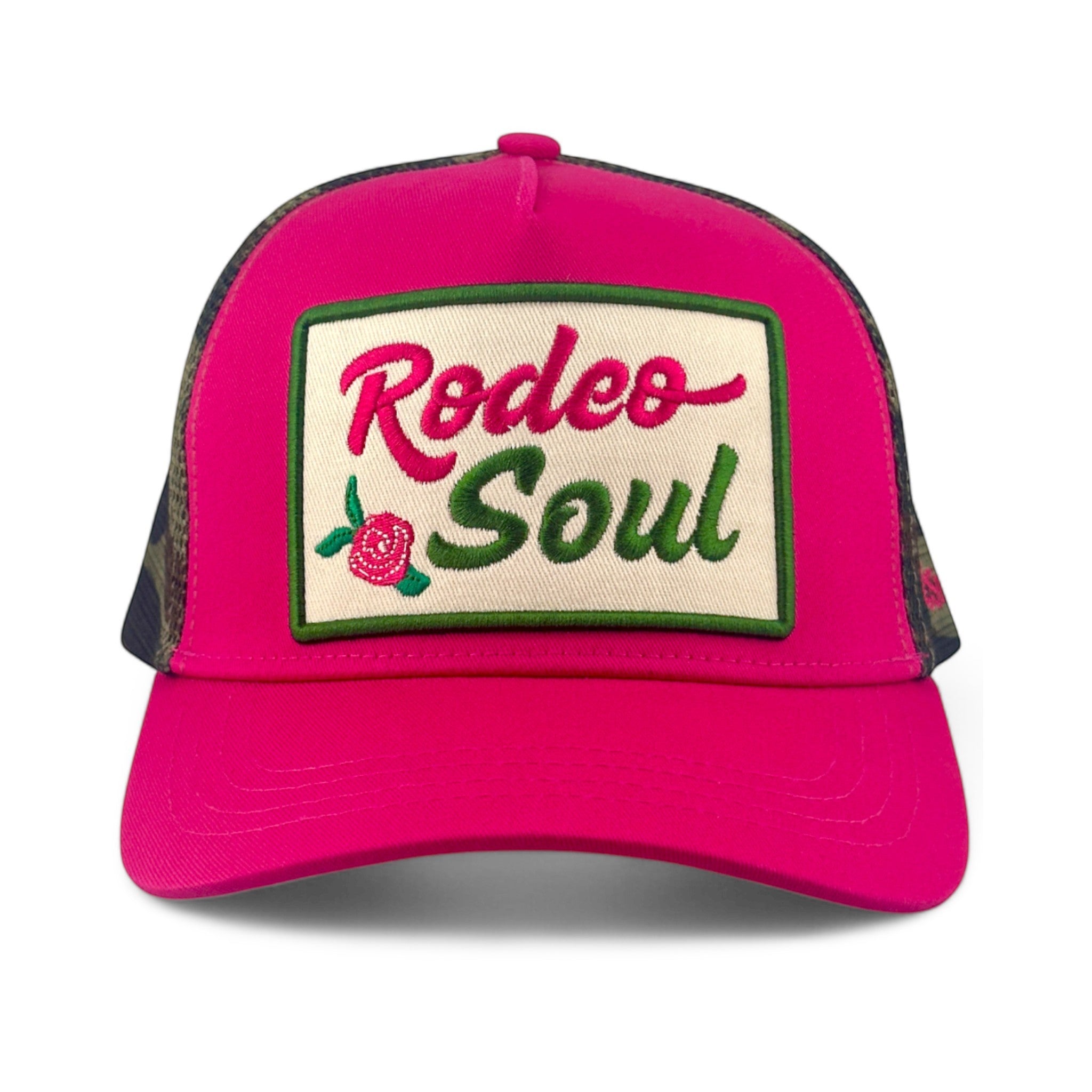 Soulbyrd Wholesale pink 5-panel trucker hat with Rodeo Soul embroidered patch and adjustable snapback closure