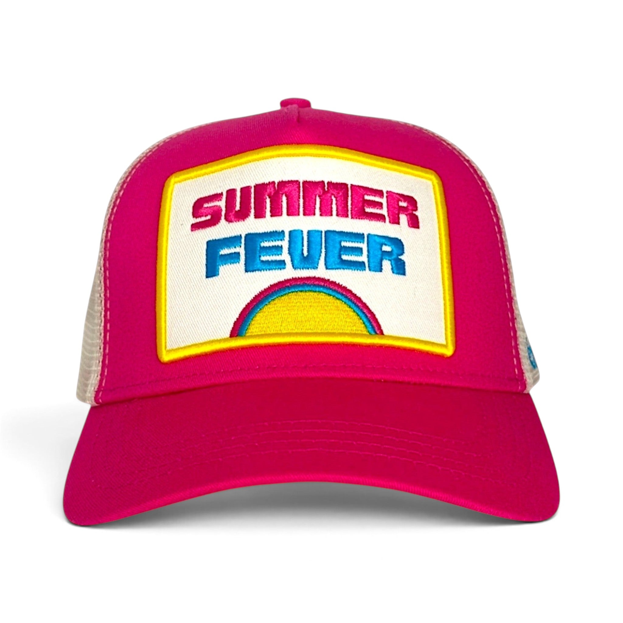 Soulbyrd Wholesale pink trucker hat with Summer Fever patch, cotton twill crown, and breathable nylon mesh back.