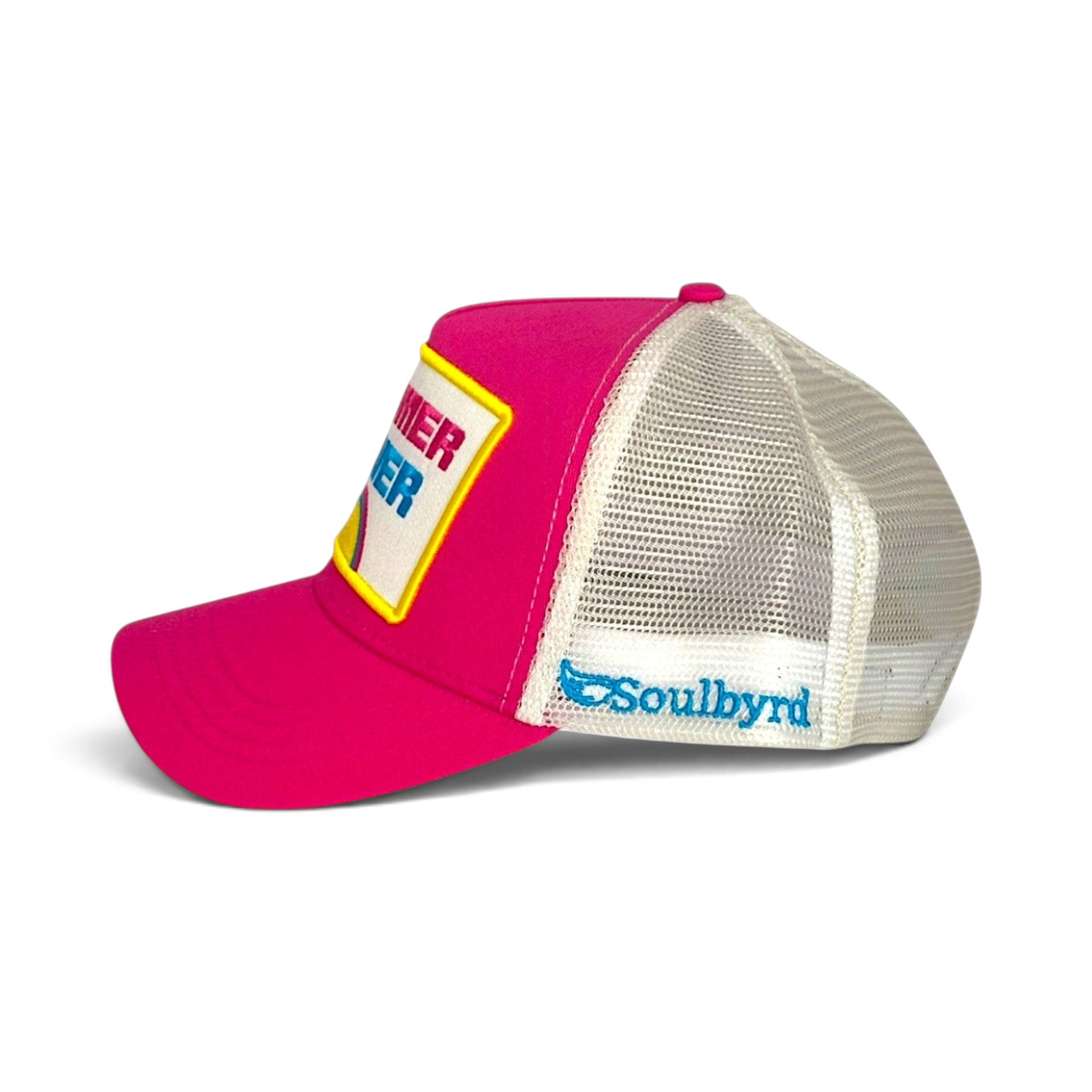 Soulbyrd Wholesale pink trucker hat with white mesh back, cotton twill crown, and Summer Fever patch, side view.
