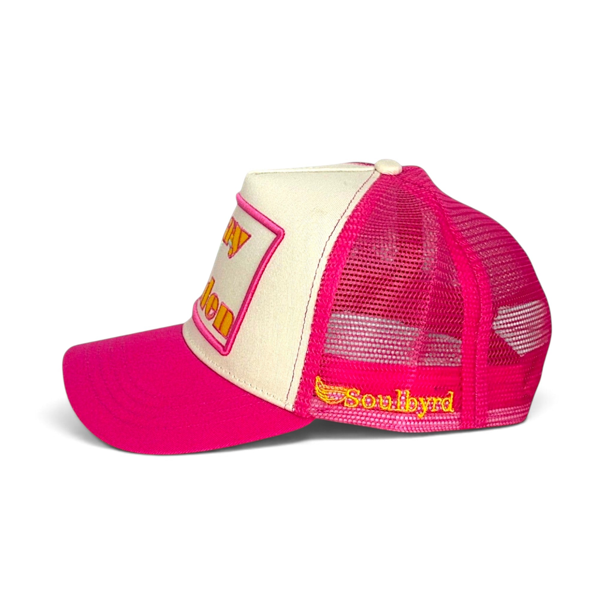 Soulbyrd Wholesale Stay Golden pink and cream 5-panel trucker hat with cotton twill front and nylon mesh back