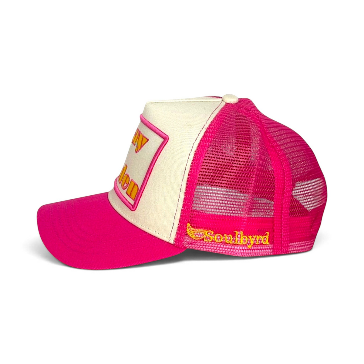 Soulbyrd Wholesale Stay Golden pink and cream 5-panel trucker hat with cotton twill front and nylon mesh back