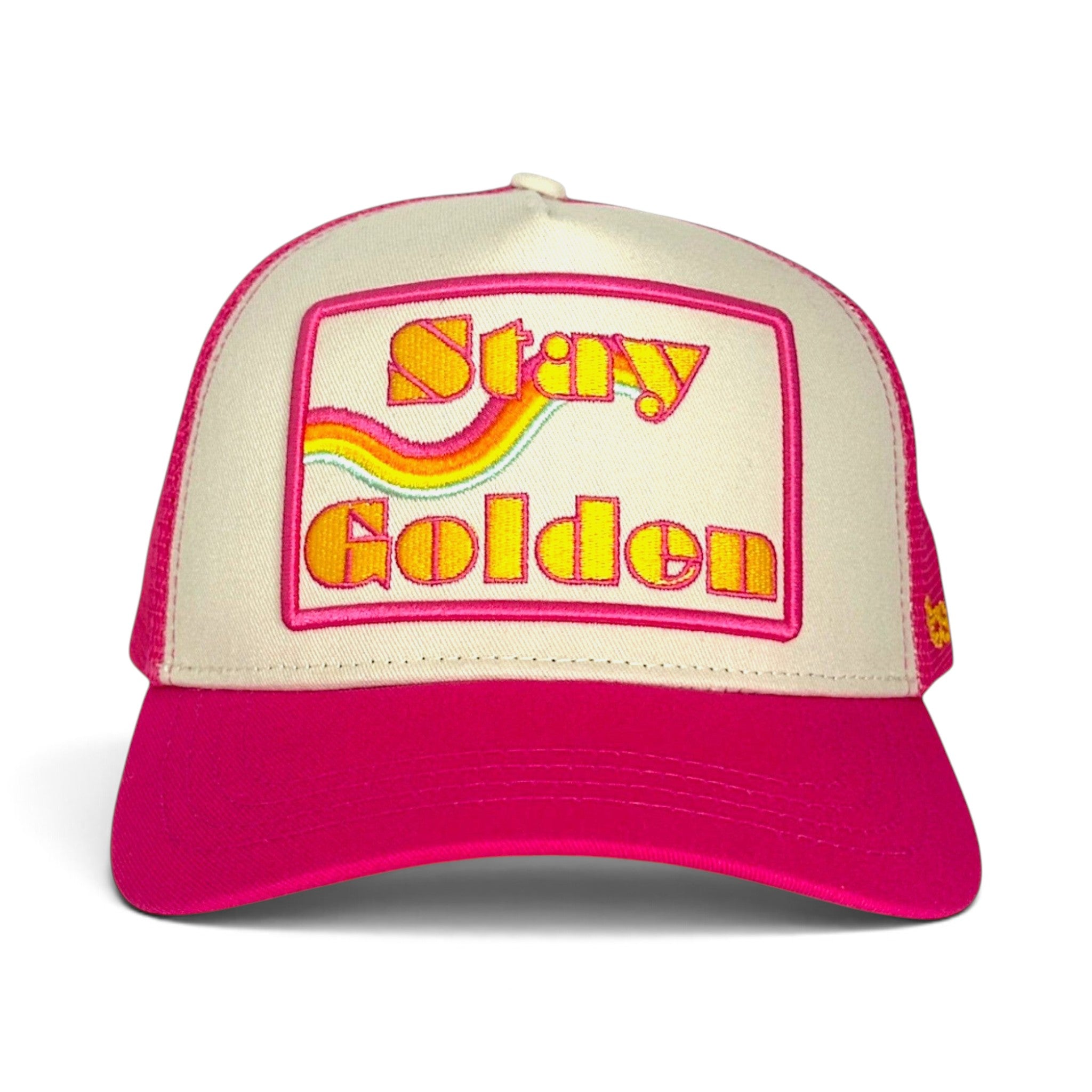 Soulbyrd Wholesale pink and cream 5-panel trucker hat with Stay Golden rainbow graphic on cotton twill and mesh back