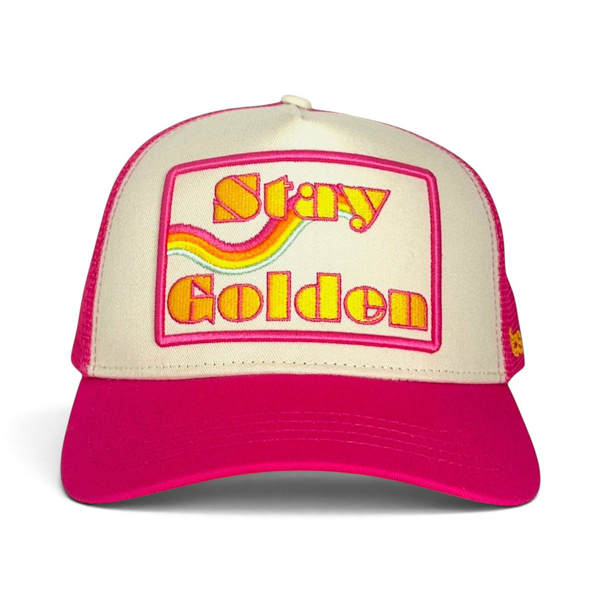 Soulbyrd Wholesale pink and cream 5-panel trucker hat with Stay Golden rainbow graphic on cotton twill and mesh back