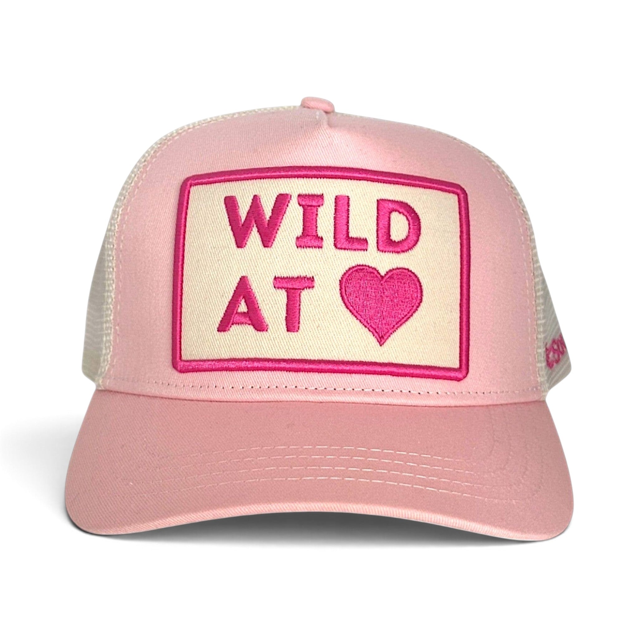 Soulbyrd Wholesale pink 5-panel trucker hat with Wild at Heart embroidered patch and breathable nylon mesh back