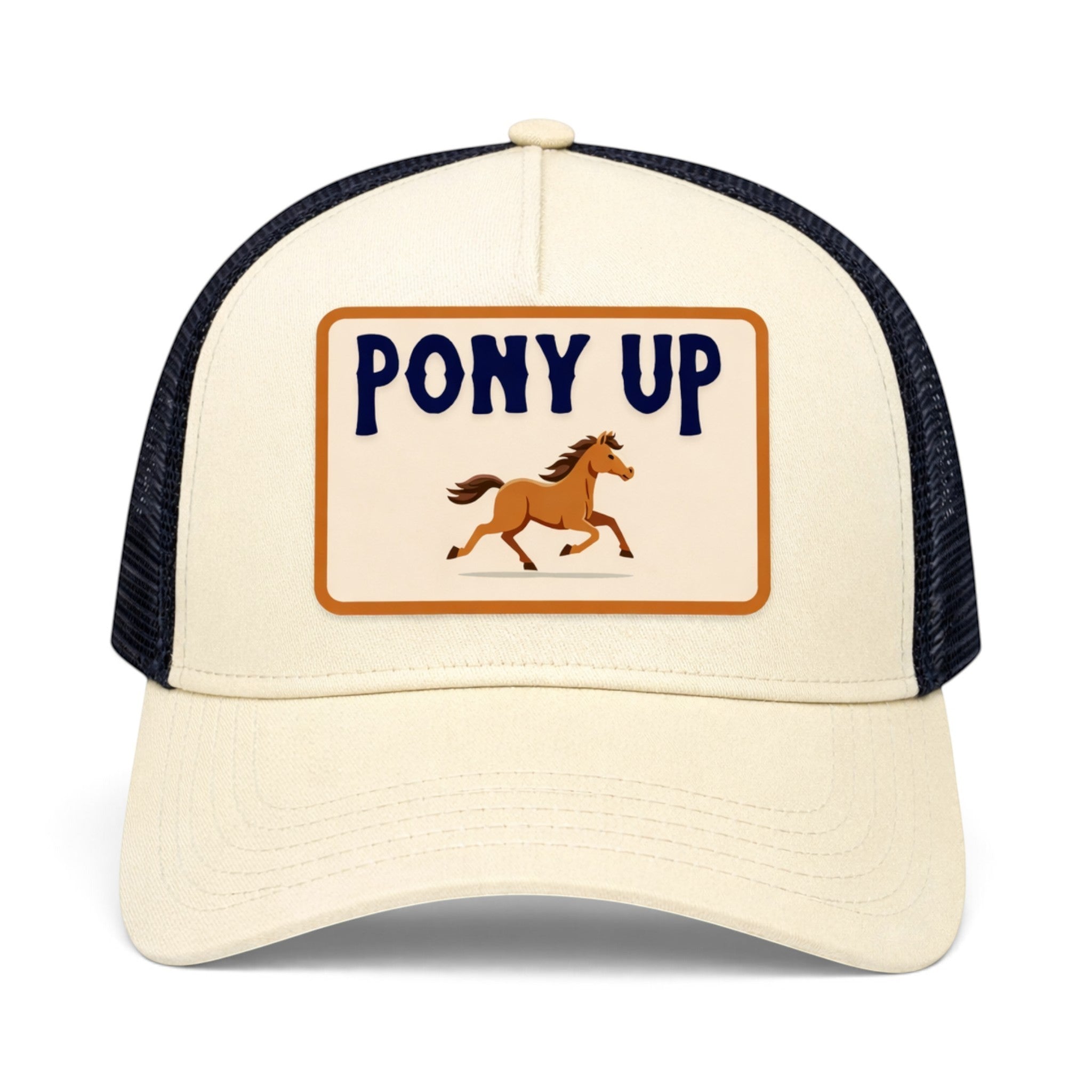 Soulbyrd Wholesale Pony Up trucker hat in cream cotton twill with a navy nylon mesh back and horse graphic patch.