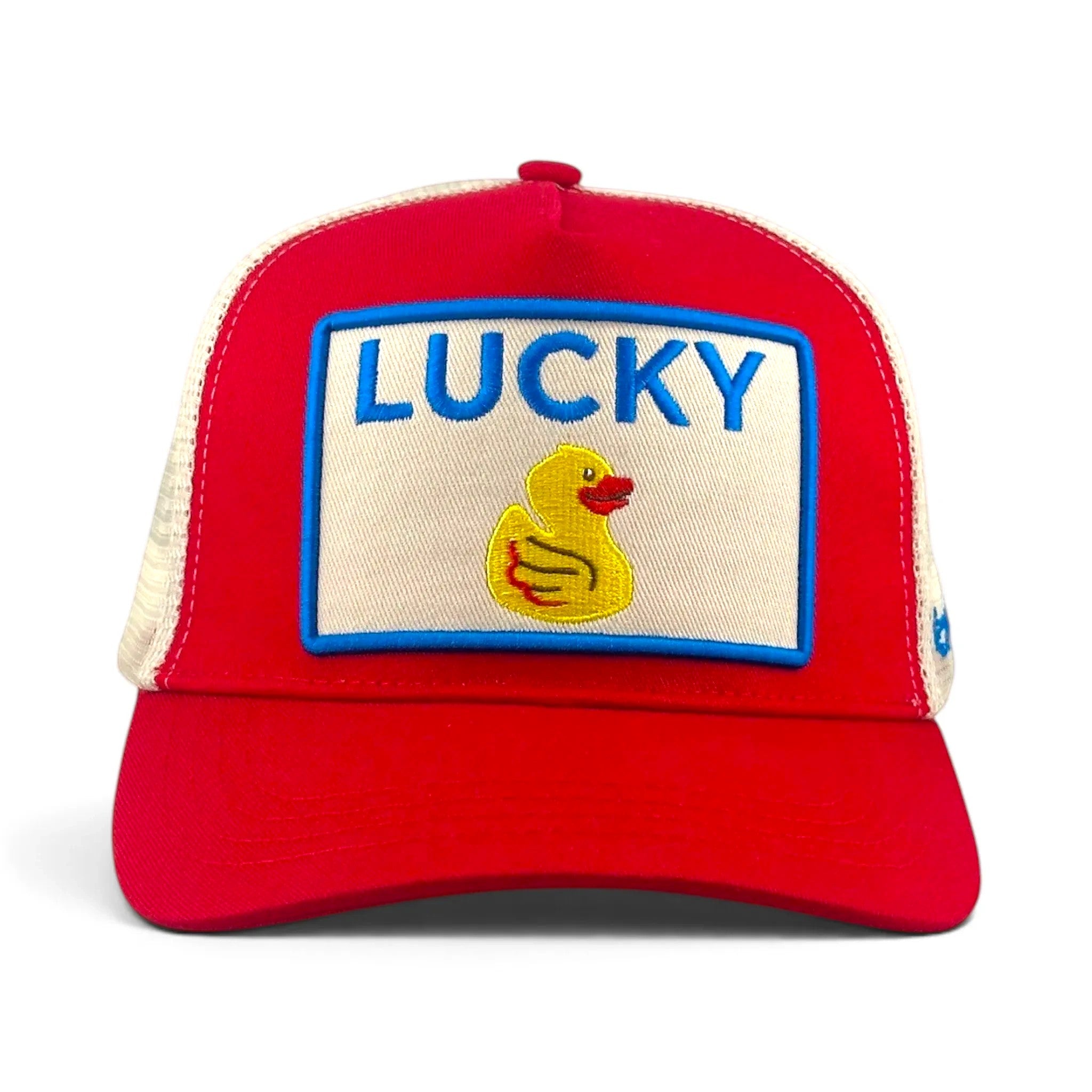 Soulbyrd Wholesale red cotton trucker hat with a Lucky Duck patch, 5-panel design, and adjustable snapback closure.