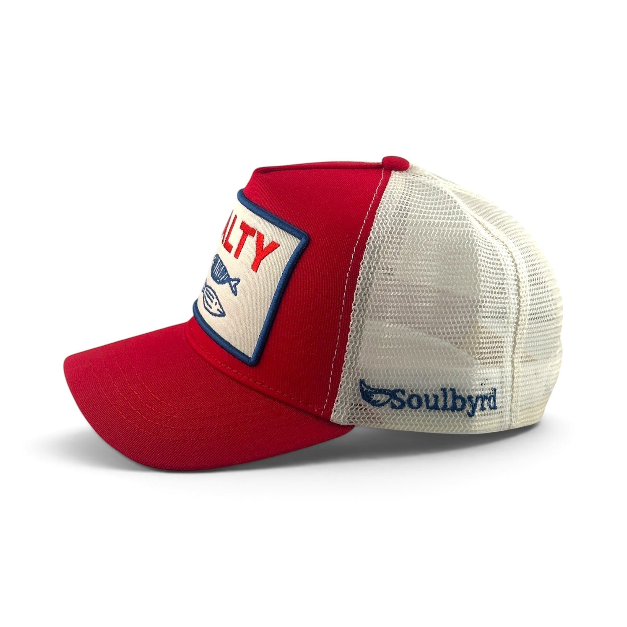Soulbyrd Wholesale red Salty trucker hat with white mesh back, cotton twill crown, and adjustable snapback closure.
