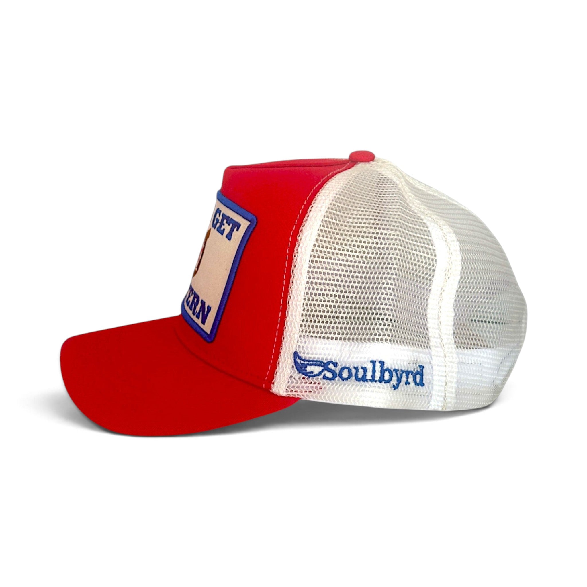 Soulbyrd Wholesale red 5-panel trucker hat with white mesh back and Let's Get Western patch