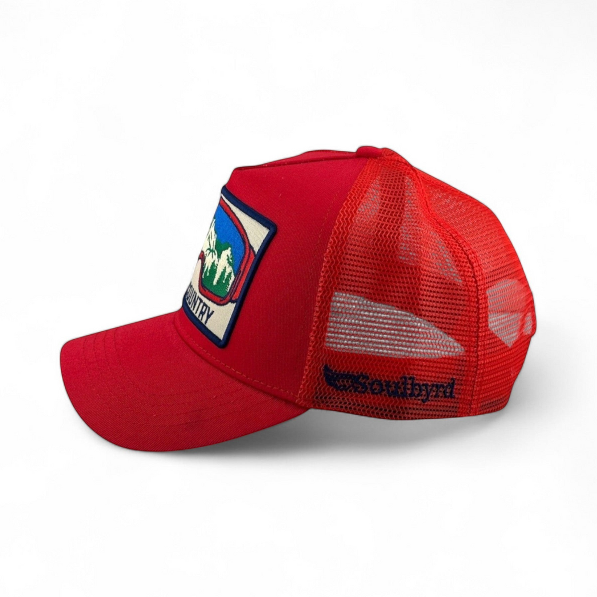 Soulbyrd Wholesale red 5-panel trucker hat with cotton twill front, nylon mesh back, and mountain graphic patch