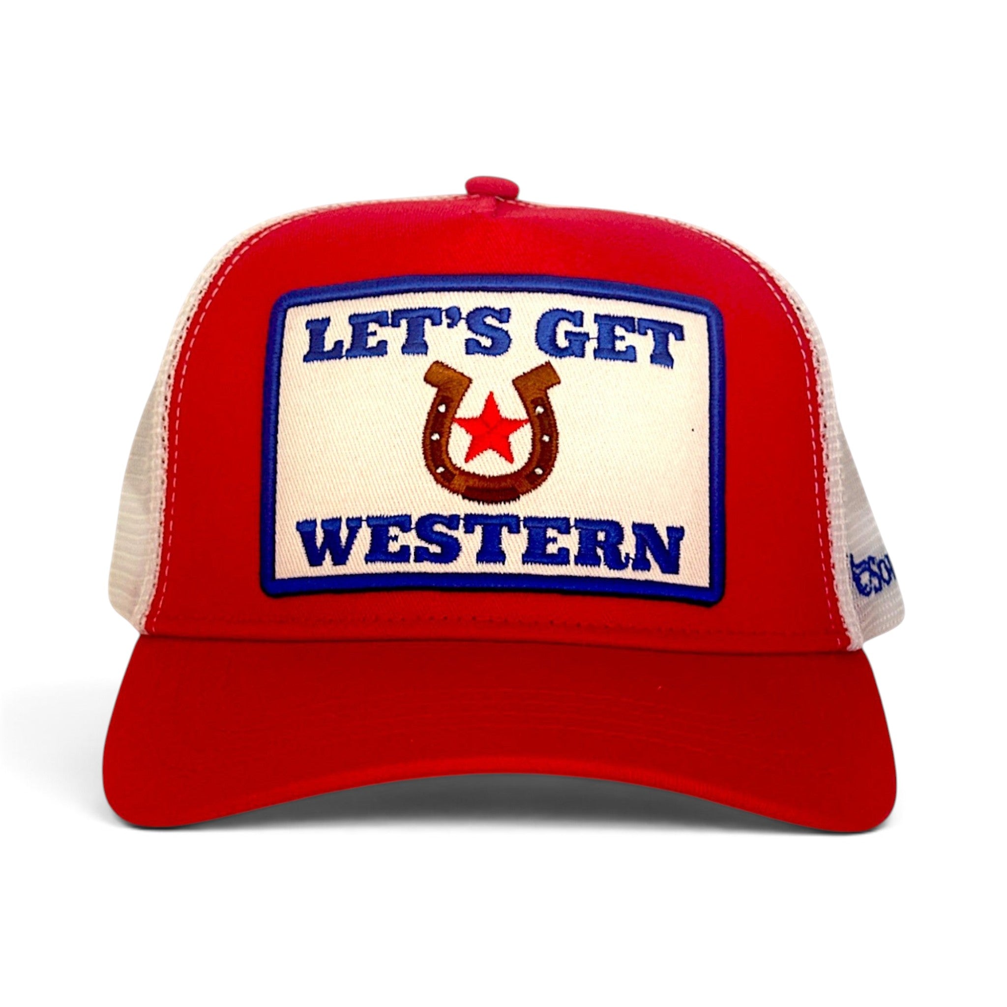 Soulbyrd Wholesale red 5-panel trucker hat with white mesh back and Let's Get Western horseshoe patch