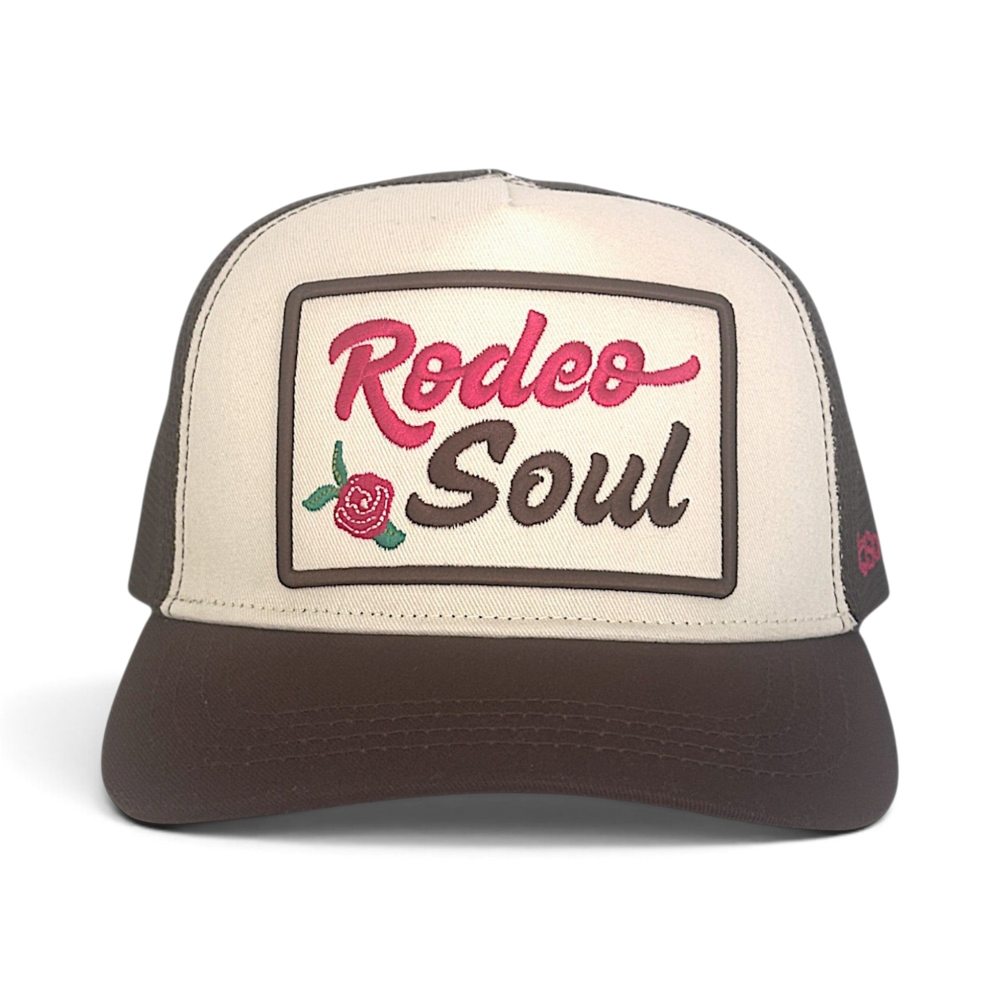 Soulbyrd Wholesale brown and cream 5-panel trucker hat with Rodeo Soul embroidered patch and rose detail