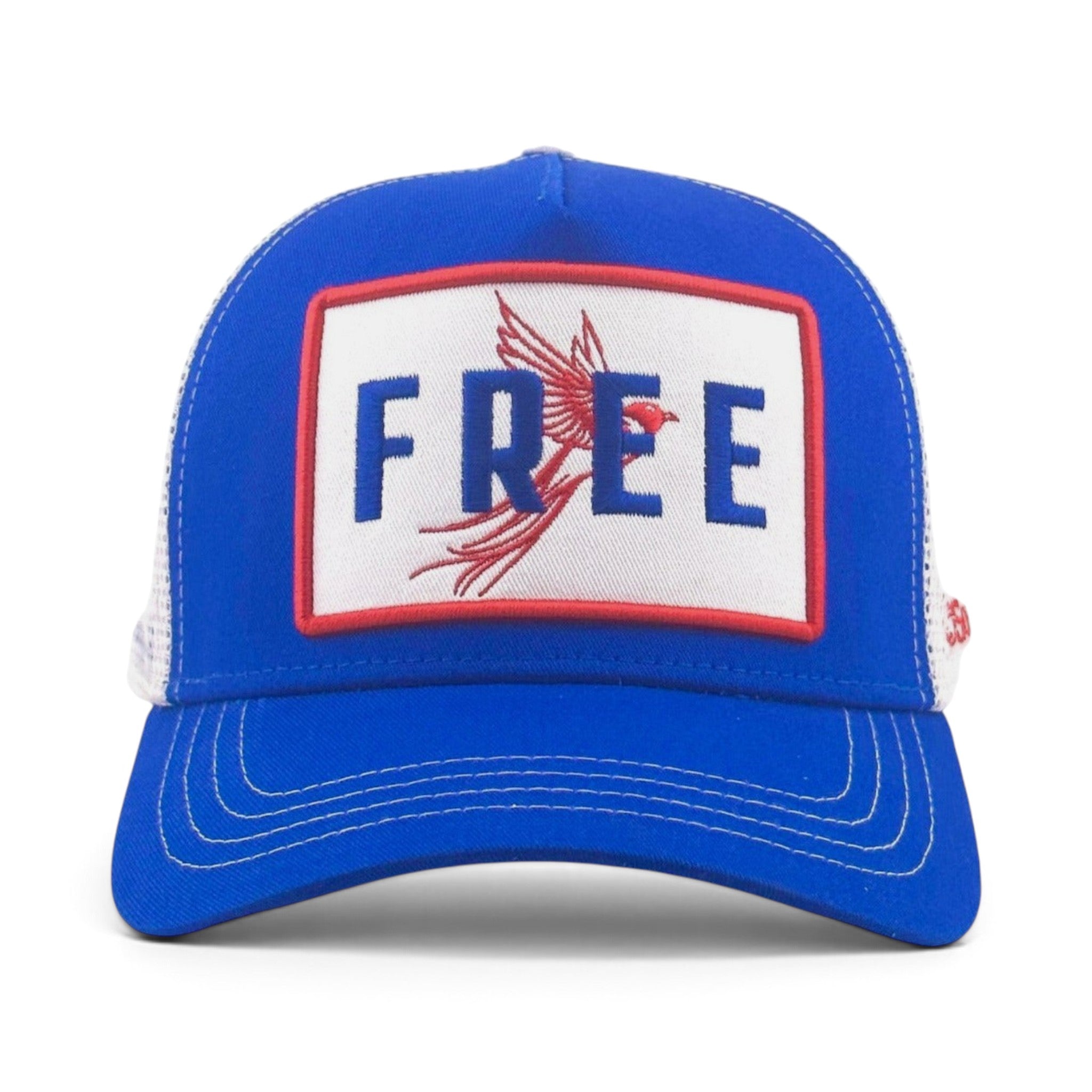 Soulbyrd Wholesale royal blue 5-panel trucker hat with white mesh back and FREE bird graphic patch
