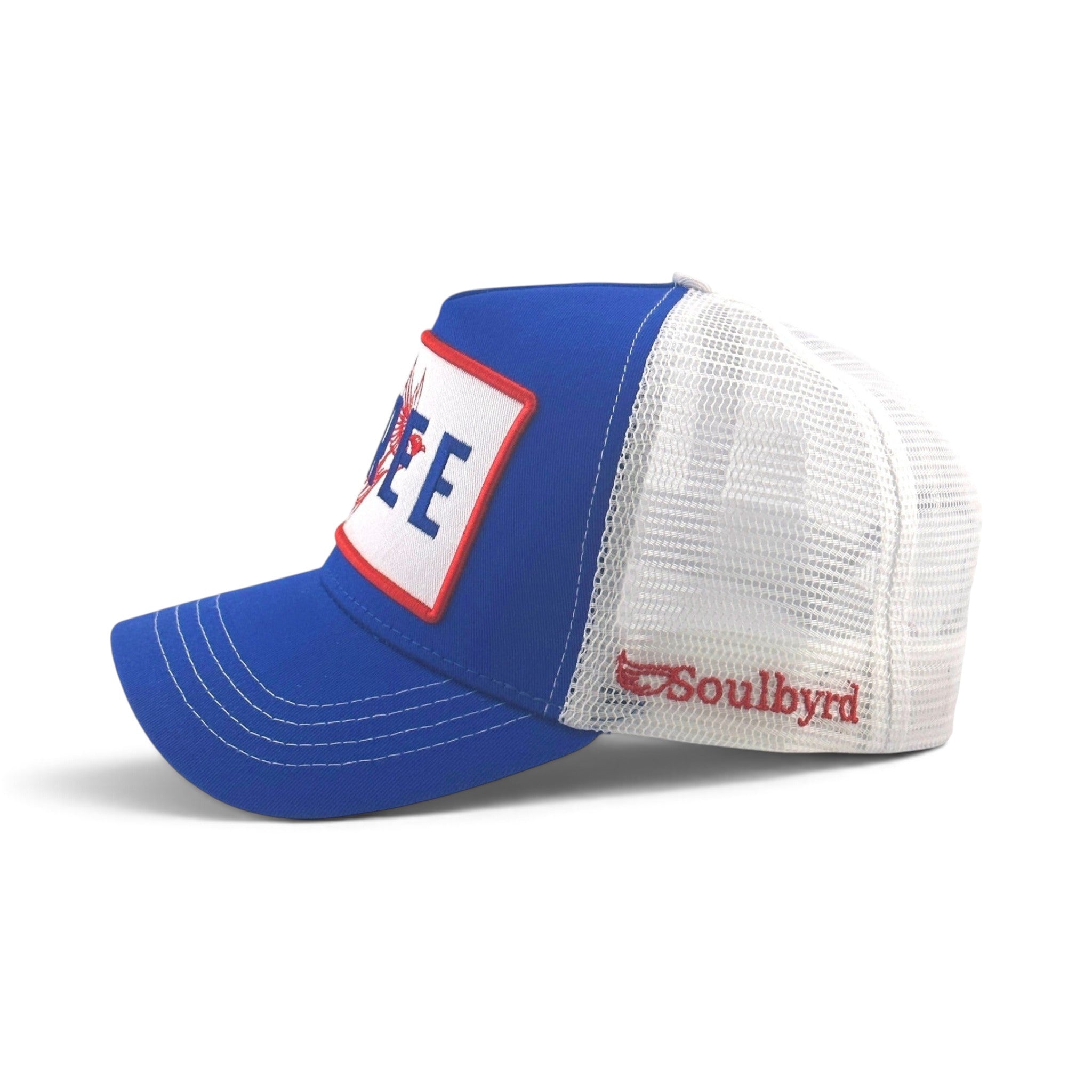 Soulbyrd Wholesale royal blue 5-panel trucker hat with white mesh back, cotton twill front, and FREE graphic patch.