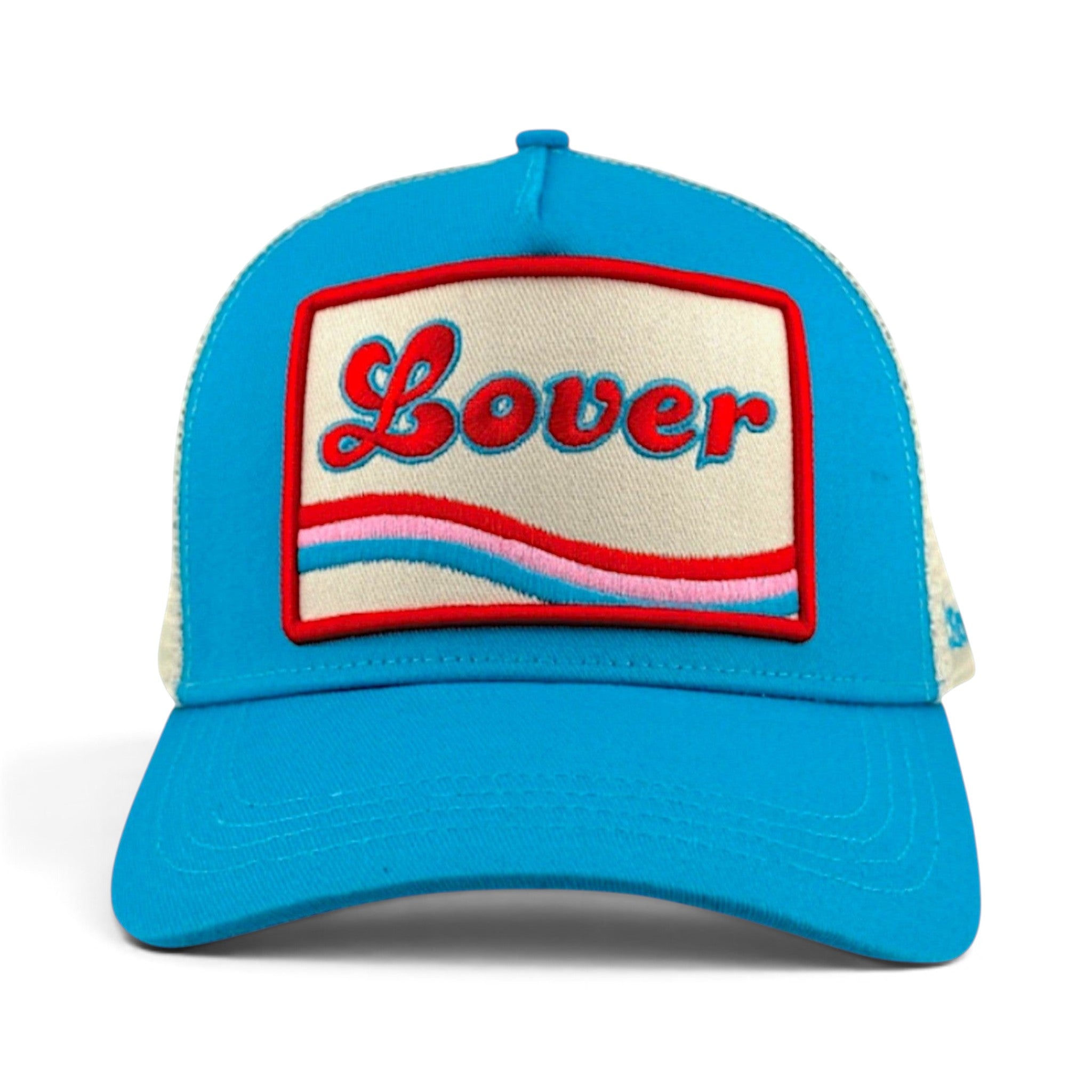 Soulbyrd Wholesale turquoise cotton trucker hat with a cream patch featuring the word Lover in red cursive script