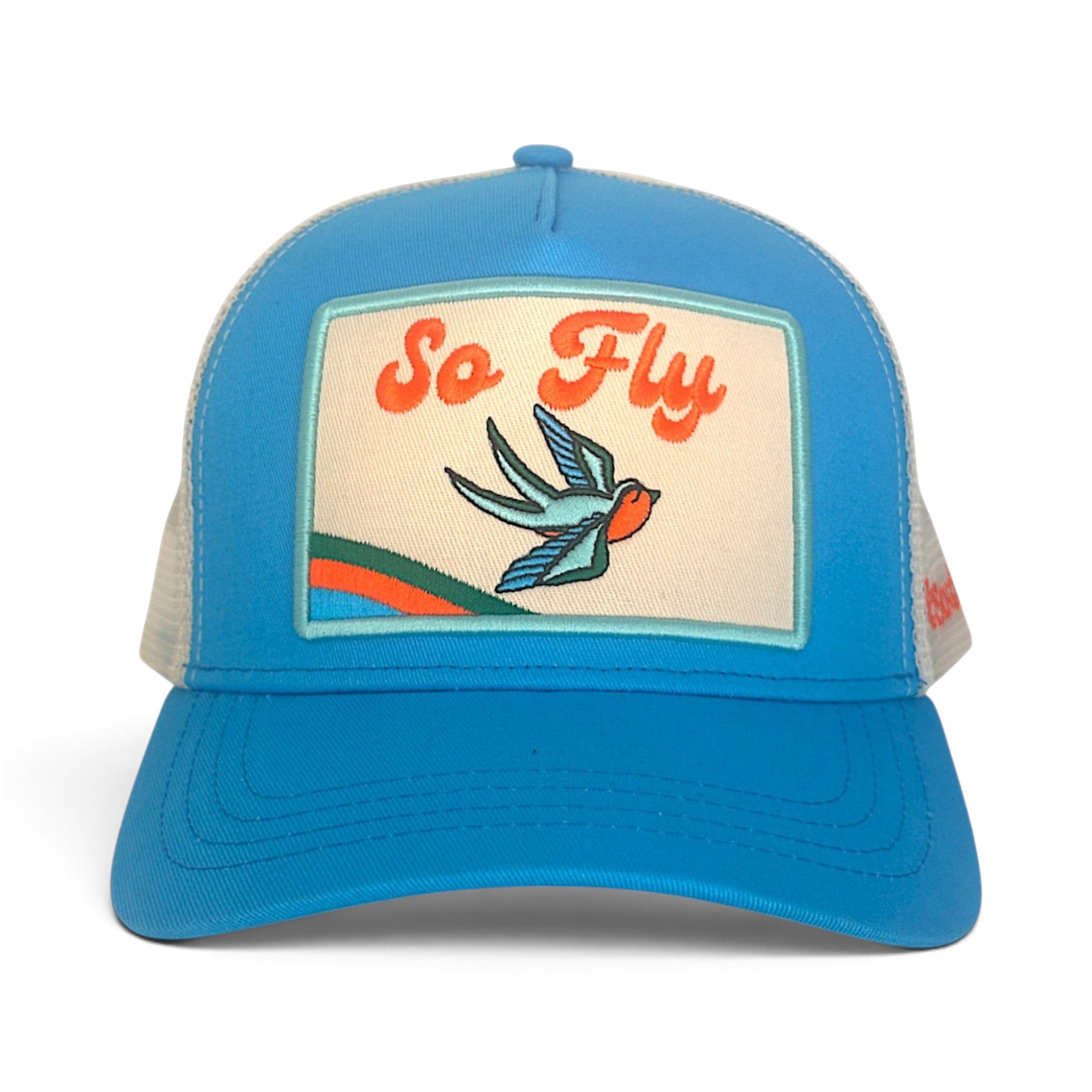 Soulbyrd Wholesale turquoise 5-panel trucker hat with cotton twill front, mesh back, and So Fly bird graphic patch.