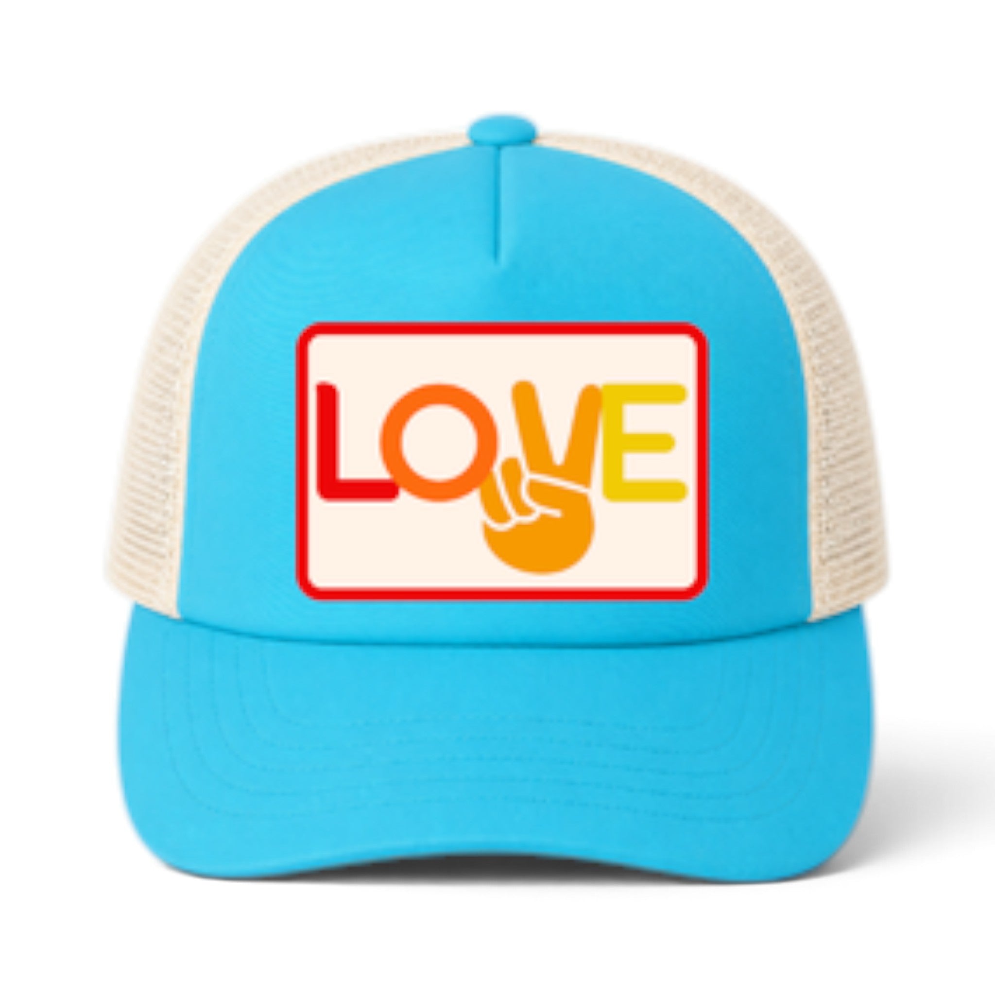Soulbyrd Wholesale turquoise cotton trucker hat with cream mesh back and Love and Peace graphic print