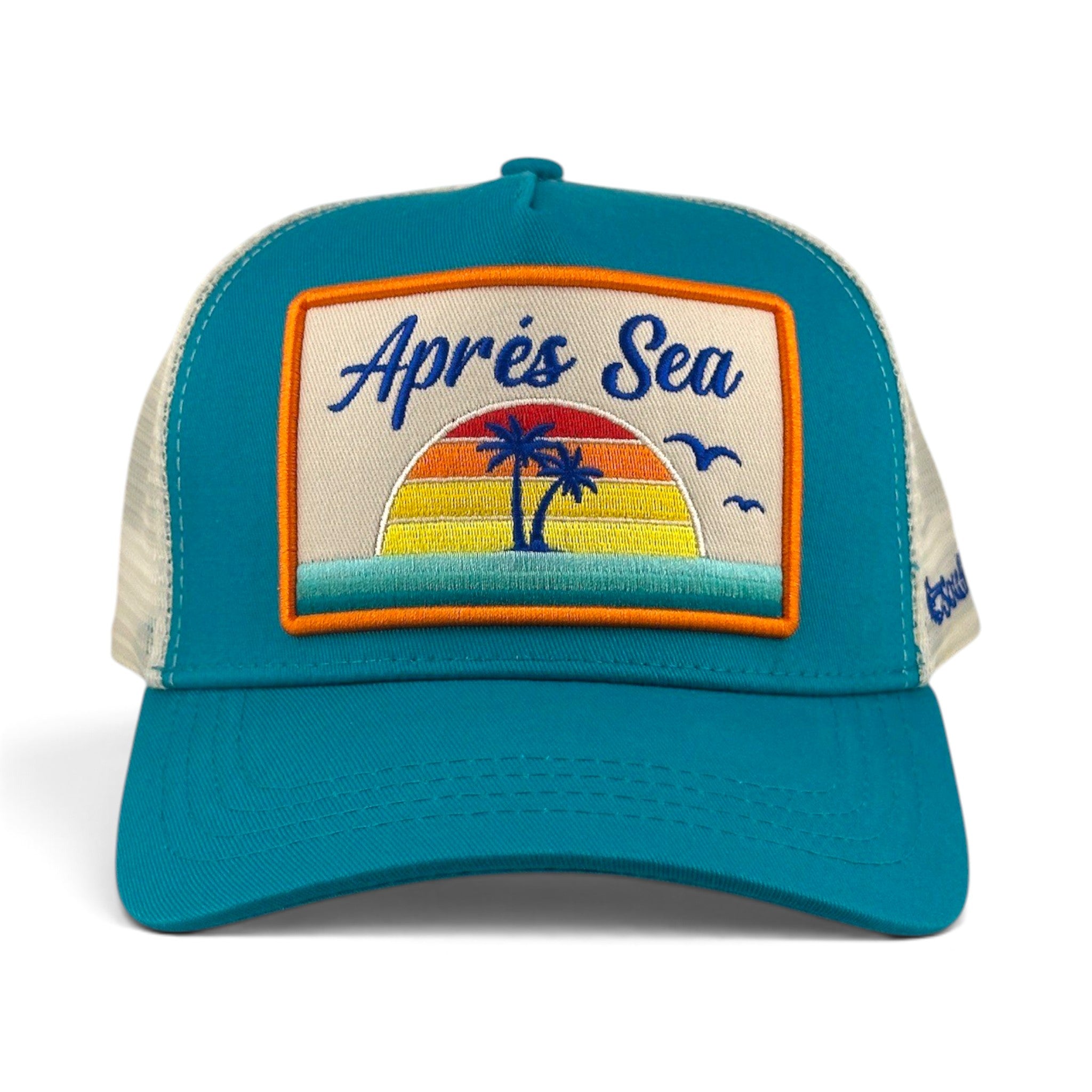 Soulbyrd Wholesale turquoise cotton trucker hat with mesh back and embroidered sunset palm tree patch