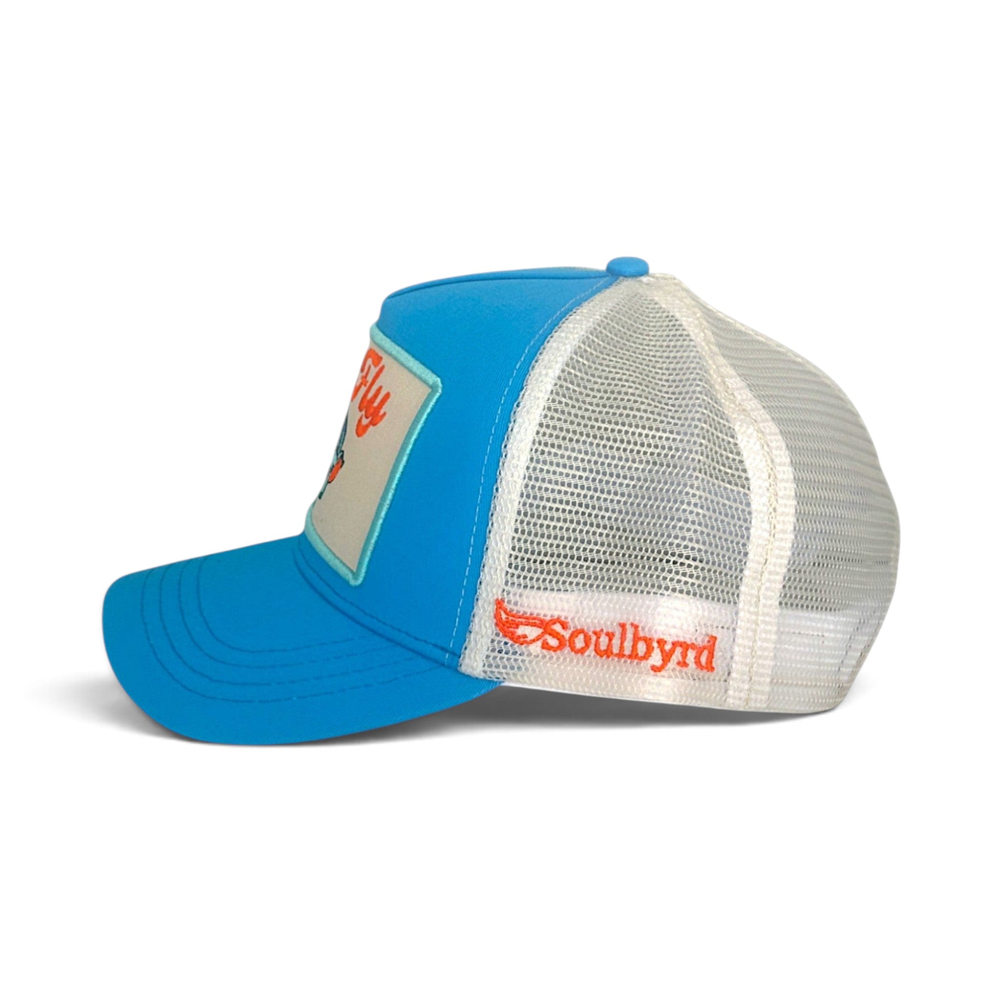 Soulbyrd Wholesale So Fly turquoise trucker hat with white nylon mesh back and adjustable snapback closure