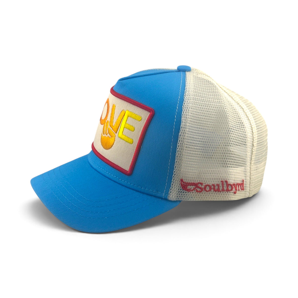 Soulbyrd Wholesale turquoise cotton trucker hat with Love and peace sign patch and cream nylon mesh back