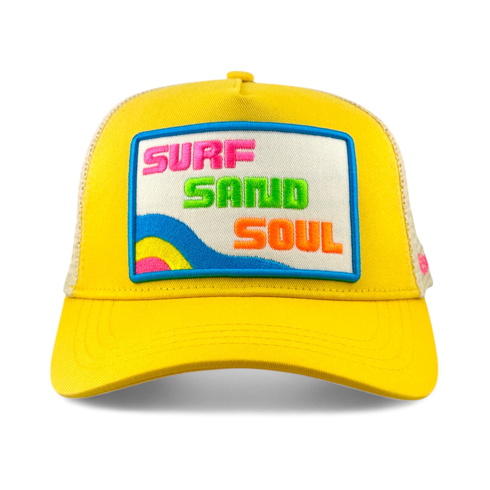 Soulbyrd Wholesale yellow trucker hat with Surf Sand Soul embroidered patch and breathable nylon mesh back