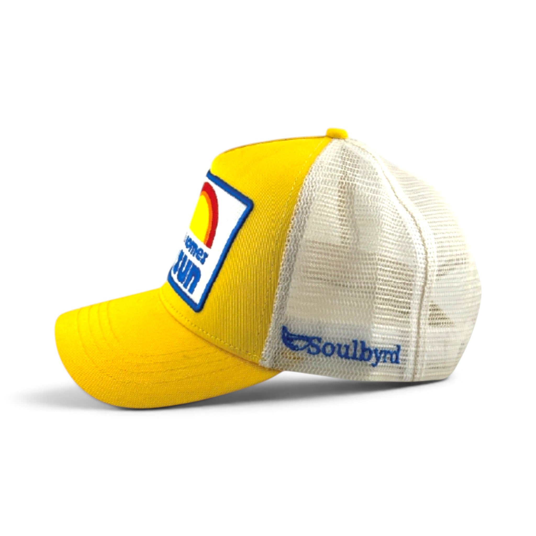 Soulbyrd Wholesale yellow 5-panel trucker hat with white mesh back and Here Comes the Sun graphic patch