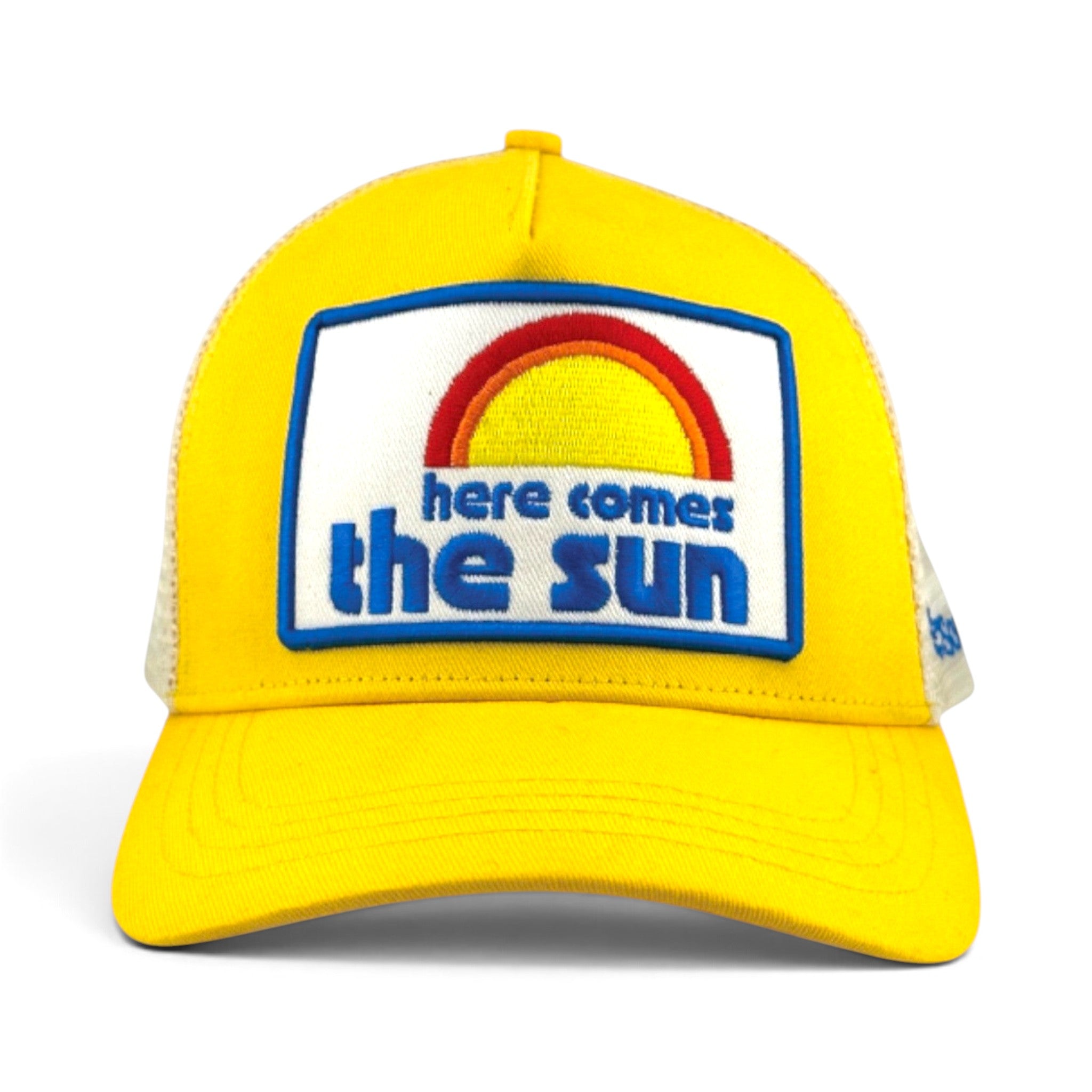 Soulbyrd Wholesale yellow 5-panel trucker hat with cotton twill crown, nylon mesh back, and Here Comes the Sun patch.