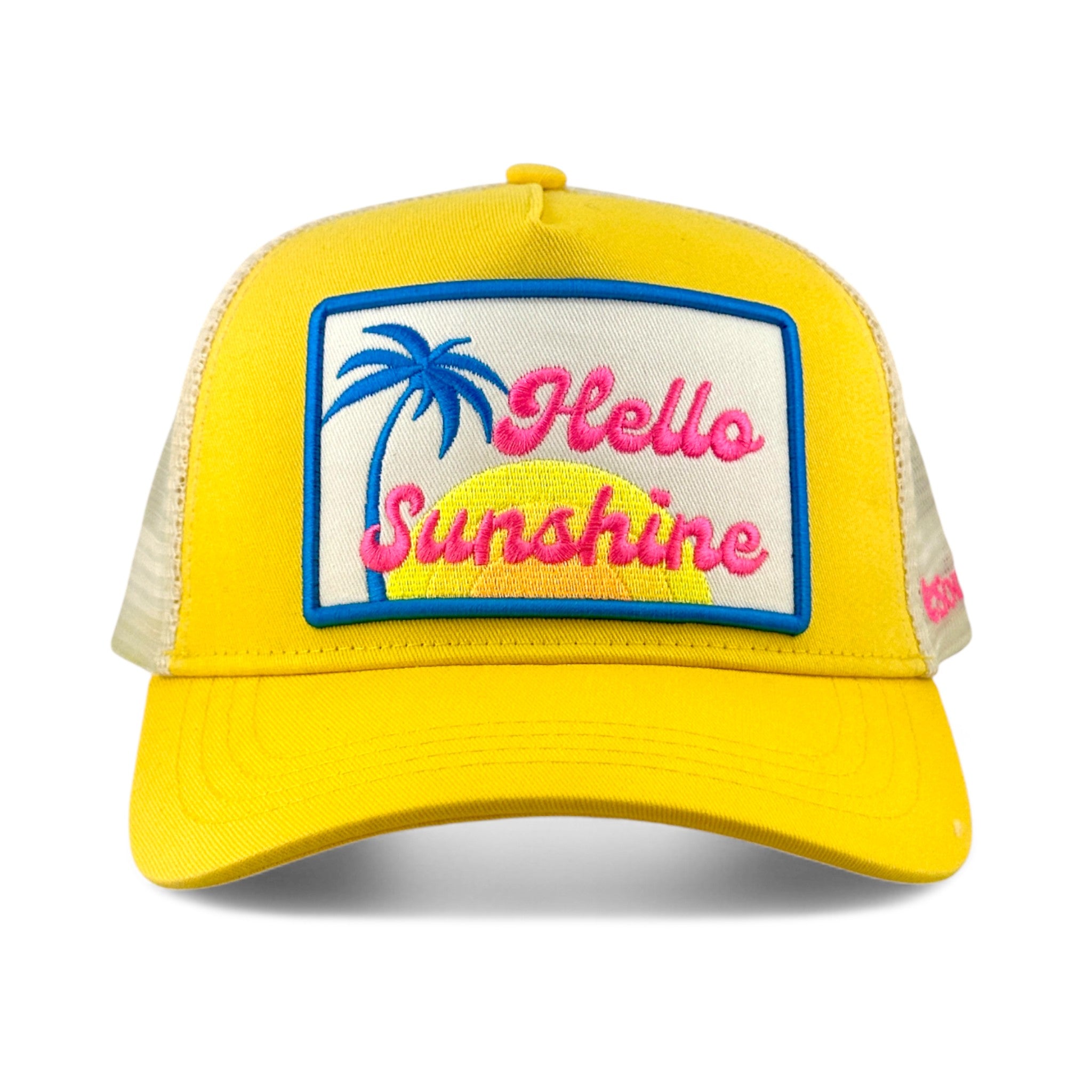 Soulbyrd Wholesale yellow 5-panel trucker hat with Hello Sunshine palm tree embroidered patch and nylon mesh back